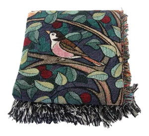 Arts and Crafts Style "Tree of Birds" in Aubergine Jacquard Woven Throw Blanket