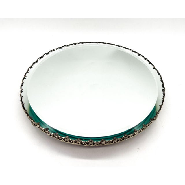 Friedman Brothers 8" Vintage Round Mirrored Plateau Tray With Ornate Silver-Tone Gallery – Hollywood Regency / Neoclassical For Sale - Image 4 of 15