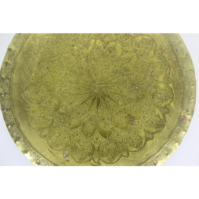 Early 20th Century Extra Large Etched Moroccan Brass Tray, Round Dish Trinket Plate Wall Art Display Serving Table Top With Patina Artist Signed For Sale - Image 6 of 9