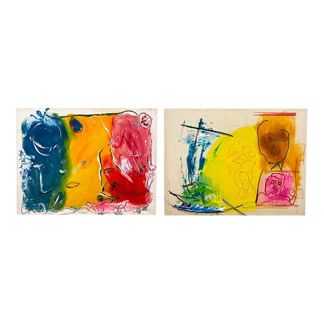 1980s Pair of Oversized Jack Compton Colorful Abstract Mixed Media Paintings on Canvas 60x46" For Sale