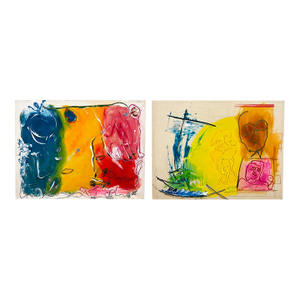 1980s Pair of Oversized Jack Compton Colorful Abstract Mixed Media Paintings on Canvas 60x46"