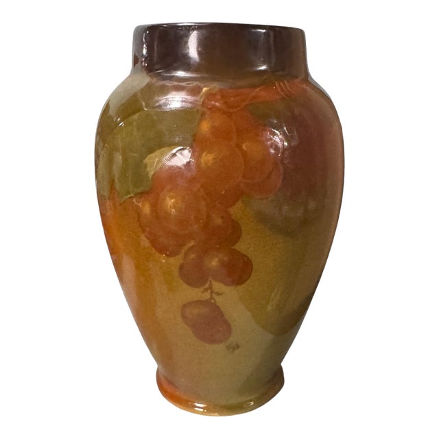 Vintage Weller Louwelsa Hand Painted Grape & Vine Decorated 8" Art Pottery Vase For Sale