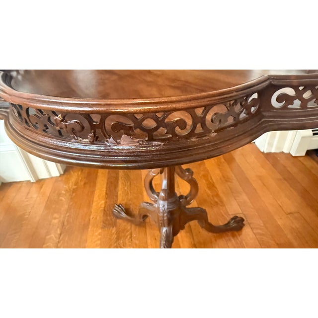Vintage Mahogany Quatrefoil Occasional Table With Pierced Gallery & Carved Tripod Base For Sale - Image 11 of 13