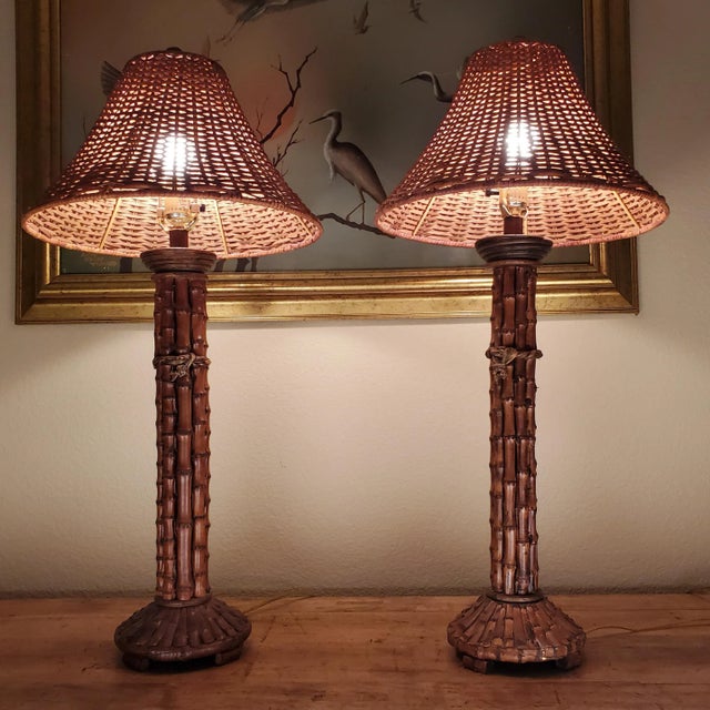 Vintage Pair Mid 20th Century Rattan Bamboo Table Lamps With