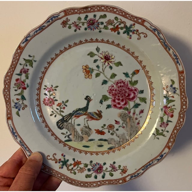 Chinoiserie Antique 18th Century Chinese Export Famille Rose Porcelain Plates in the Twin Peacock and Peony Pattern - A Pair For Sale - Image 3 of 12