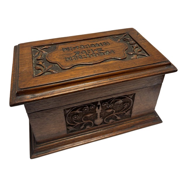 Vintage English Carved Wood Humidor For Sale