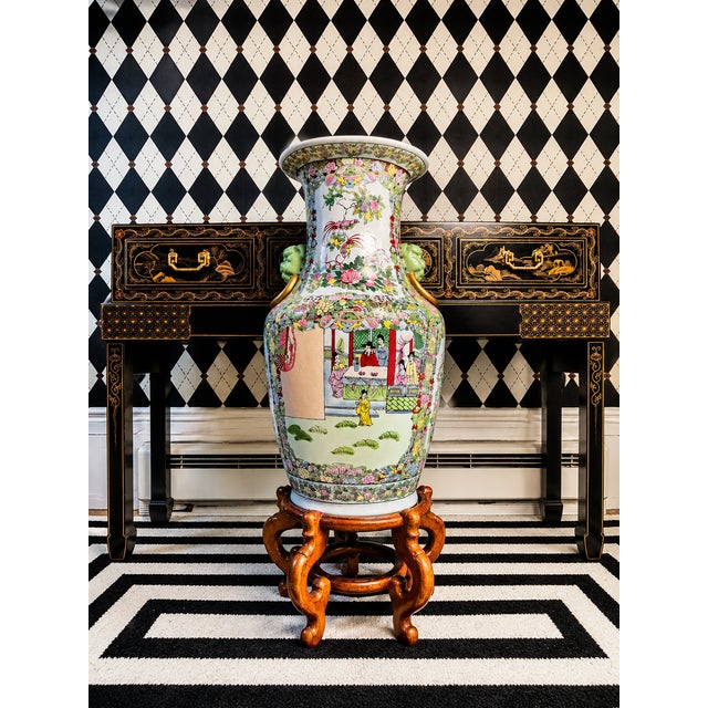 Chinese Famille Rose Floor Vase With Celadon Foo Dog Mask Handles, 24" For Sale - Image 9 of 12