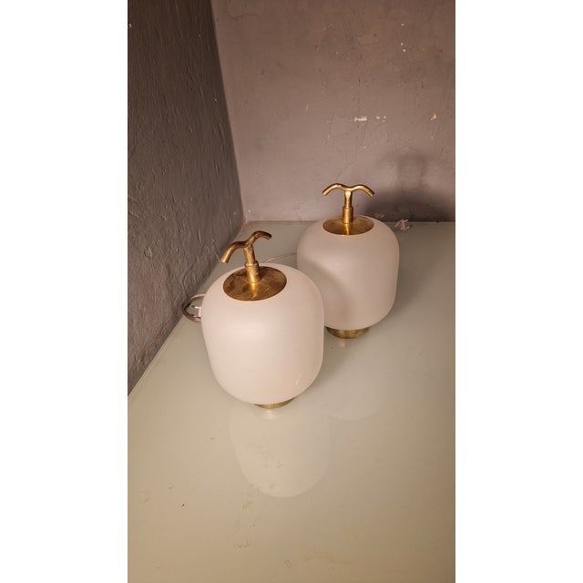 Table Lamps in Brass with Handle and Sandblasted Glass, 1990s, Set of 2, in Very Good conditions. Designed 1990 to 1999...