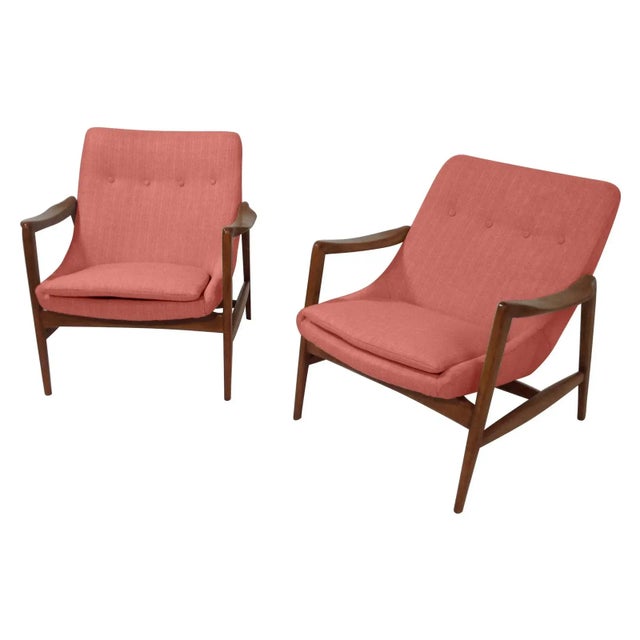 Modern Mid-Century Style Lounge Chairs Walnut Frames For Sale - Image 4 of 6