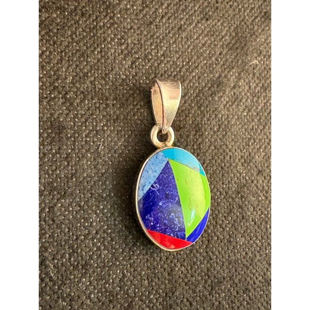 Late 20th Century late 20th Century Sterling Silver Multi Color Inlay Pendant Mexico .925 For Sale - Image 5 of 7