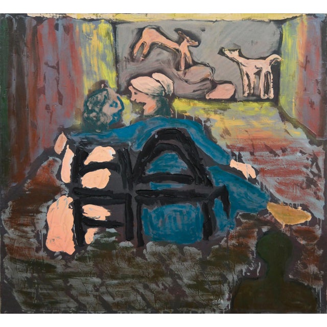 Textile Jane Voitle Mellin "Conversation in the Theater" Figurative Oil on Canvas 1975 For Sale - Image 7 of 7