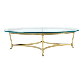 Oval 3/4" Glass top Brass Hoof Feet Coffee Center Table MINT For Sale
