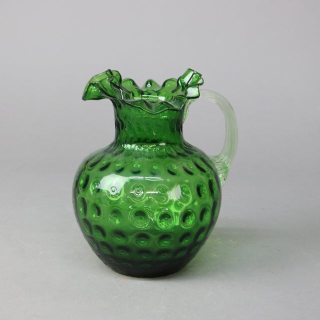 Antique Emerald Green Fluted Art Glass Water Pitcher With Coinspot Pattern, Circa 1890 For Sale - Image 6 of 8