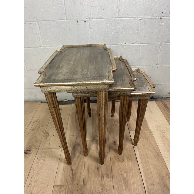 Wood 1960s Italian Florentine Silver-Gilt Wood Nesting Tables, Set of 3 For Sale - Image 7 of 12