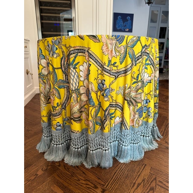 Custom Table in Pierre Frey Du Roi and Samuel & Sons Tassel Fringe For Sale - Image 4 of 9