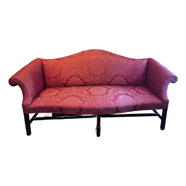 Antique Camelback Chippendale Style Damask Fabric Sofa For Sale