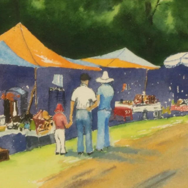 American Vintage Watercolor Painting "Canton Flea Market" 1977, Framed For Sale - Image 3 of 10