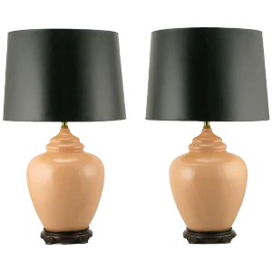 Peach Crackle-Glaze Chinoiserie Table Lamps - a Pair