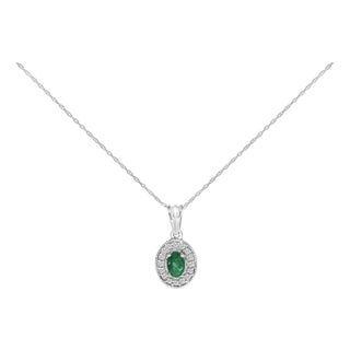 14K White Gold Oval 6x4 MM Green Emerald and Diamond Halo Pendant Necklace - 18 inch For Sale
