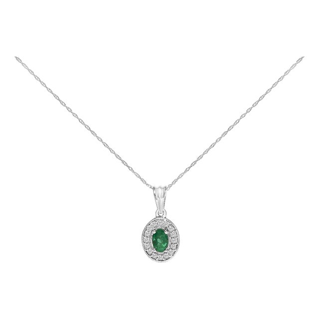 14K White Gold Oval 6x4 MM Green Emerald and Diamond Halo Pendant Necklace - 18 inch For Sale