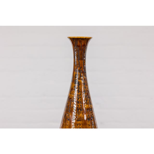 Ceramic Textured Two-Tone Brown Tall Vase with Narrow Mouth, Elegant Home Decor For Sale - Image 7 of 12