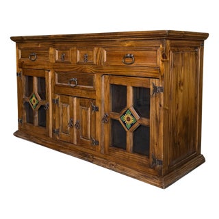20th Large Catalan Spanish Baroque Light Oak Tuscan Credenza or Buffet For Sale