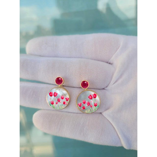 Red Tulip Flower Fields Earrings Studs With Rubies and Mother of Pearl, A Pair For Sale - Image 6 of 6