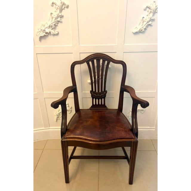 Antique Victorian Hepplewhite Mahogany Shield Back Dining Chairs with Carvers in Tan Leather, 1890, Set of 8 For Sale - Image 10 of 18