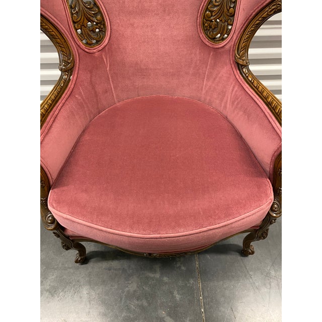 Wood 1980s Victorian Style Rose Pink Wingback Chair For Sale - Image 7 of 12