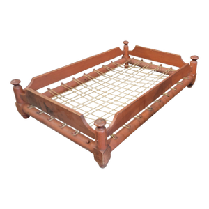 19th C Original Salmon Painted Trendle Bed W/ Rag Rug Cushion