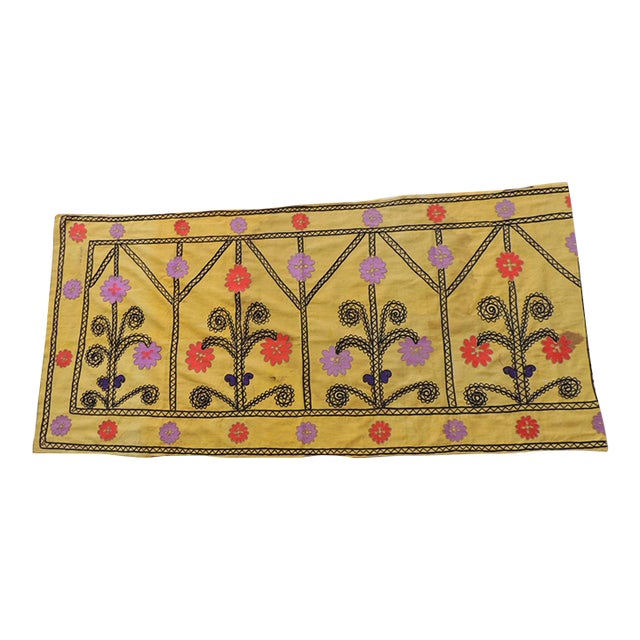 Vintage Yellow and Black Embroidery Suzani Textile Panel. For Sale
