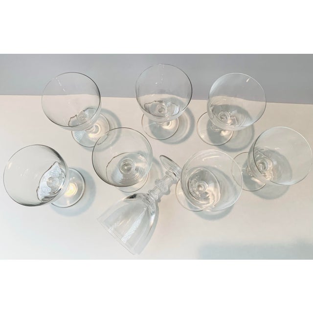 Signed 1950’s Vintage Lalique ‘Saint Hubert’ Crystal Water or Wine Goblet With 3 Frosted Leaf Decorations on the Stem, Art Deco Style- Set of 8 For Sale In San Antonio - Image 6 of 12