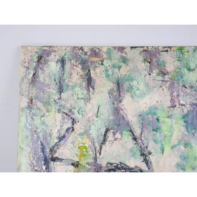 Vintage mid 20th century oil on canvas board impasto mondernist landscape painting. Trees along a beach in lavender and...