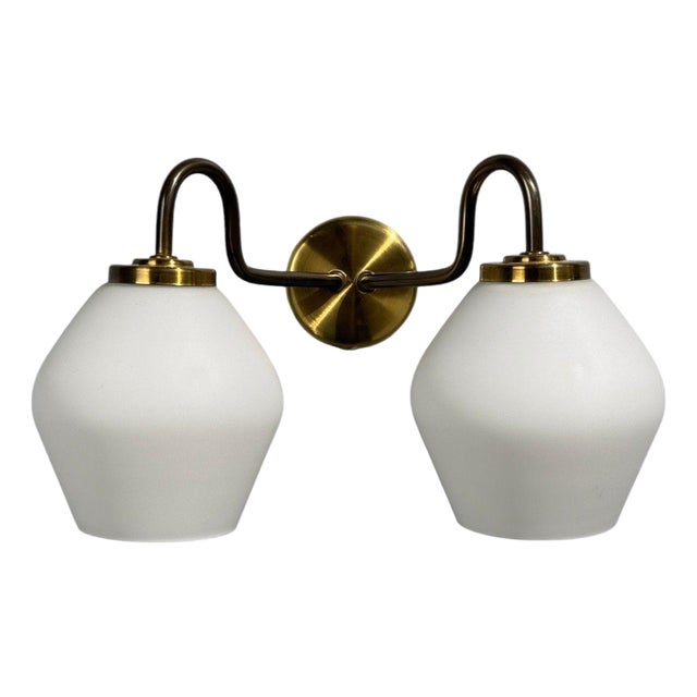 Swedish Modern, Double Wall Sconce, Brass, Glass, Sweden, 1980s For Sale