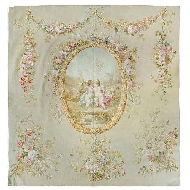 Antique 19th Century Square Floral French Aubusson Cupid Tapestry For Sale In New York - Image 6 of 6
