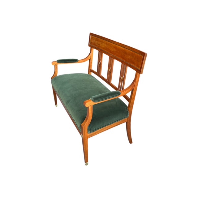 English Antique Sheraton Style Walnut Bench in Green Velvet With Brass Accents For Sale - Image 3 of 7
