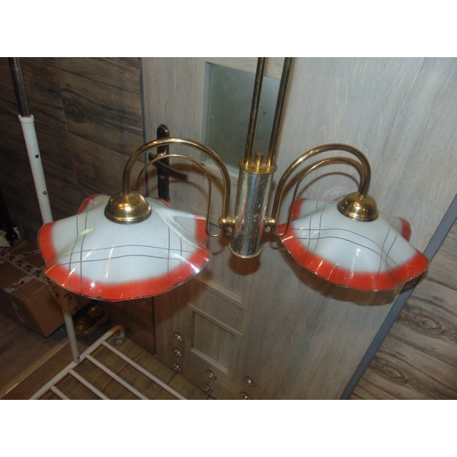 Brass lamp, vintage chandelier from the 1960s-1970s, dimensions height 45 cm, width 64 cm, diameter of lampshades 25.5 cm....