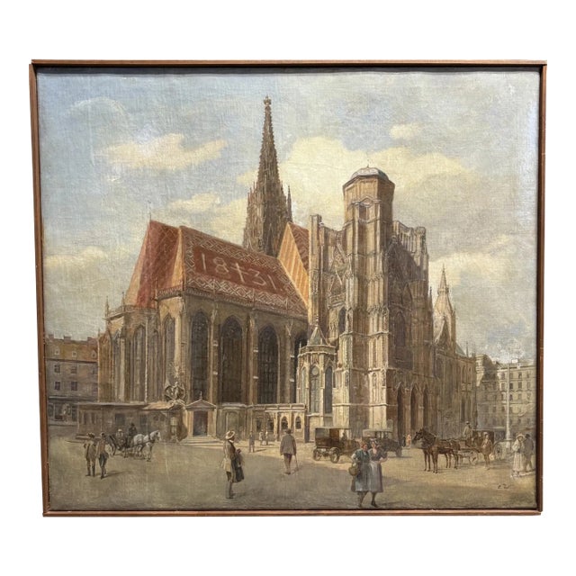 Early 1900s Antique Edvard Weie St. Stephen’s Gothic Cathedral Oil Painting Vienna Cityscape, Framed For Sale