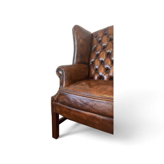 1990s Set of Vintage English Chesterfield Leather Wingback Chair with Ottoman, 1990s For Sale - Image 5 of 9