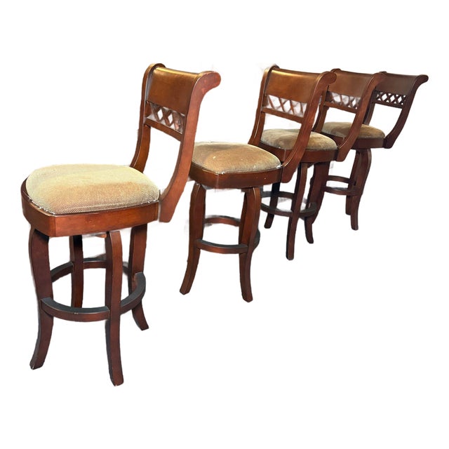Bar Stools- Set of Two Cherry-Finished Decorative Criss Cross Back Swivel With Upholstered Seats For Sale