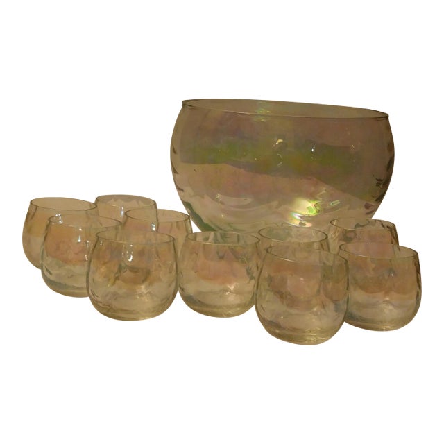 1960s Iridescent Punch Bowl & 10 Cups For Sale