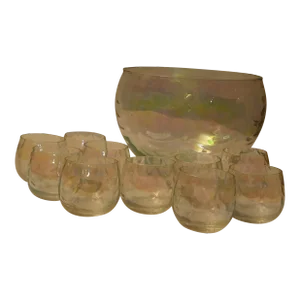 1960s Iridescent Punch Bowl & 10 Cups