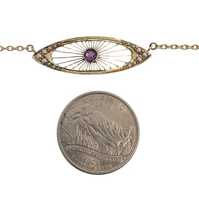 Early 20th Century Edwardian 14k Gold Amethyst and Seed Pearl Necklace For Sale - Image 4 of 5