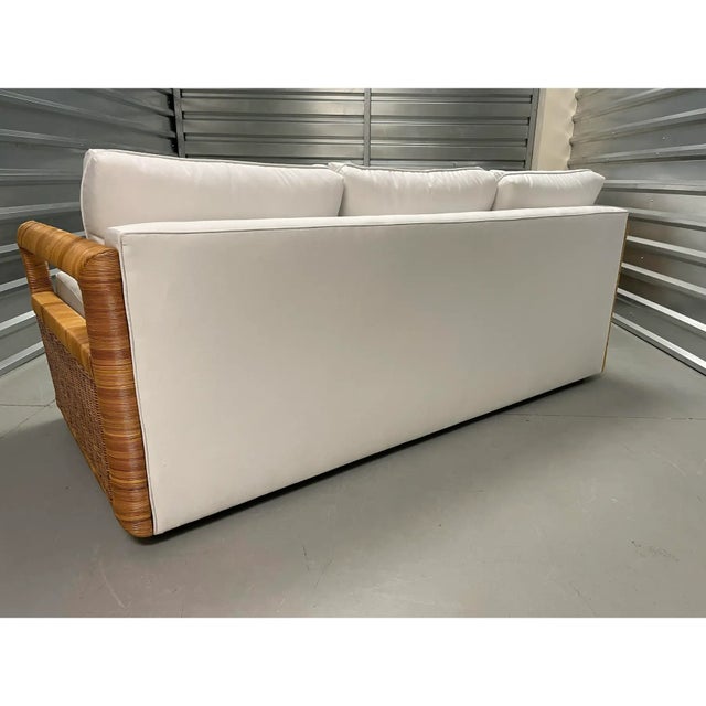 Crespi Style Rattan Sofa With Quadrille Upholstery For Sale - Image 11 of 12
