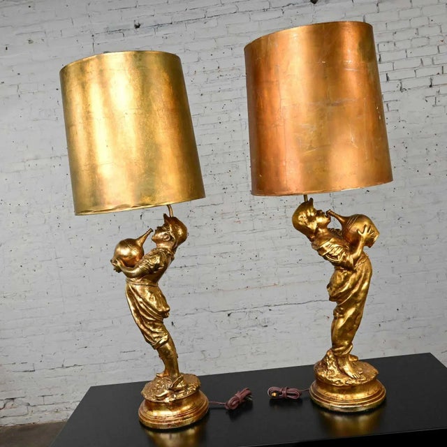 Hollywood Regency Mid Century Hollywood Regency Gilded Plaster Large Scale Figural Lamps Boy With Jug Style Marbro, a Pair For Sale - Image 3 of 13