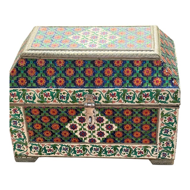 Rare Enamel on Metal Handcrafted Decor Box ( Hinged) Enamel All-Over Silver Trim Wood Interior For Sale