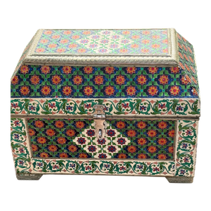 Rare Enamel on Metal Handcrafted Decor Box ( Hinged) Enamel All-Over Silver Trim Wood Interior