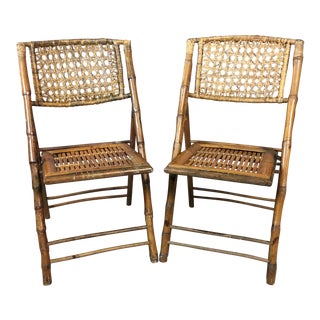 Rattan & Caned Back Folding Side Chairs - a Pair For Sale
