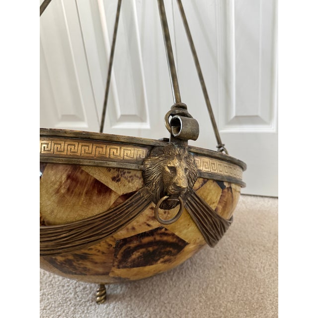 Vintage 1950s Neoclassical Gilded Brass Lion Heads Alabaster Pendant Chandelier For Sale - Image 6 of 18