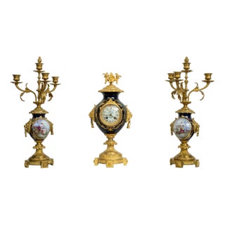 Antique French Napoleon III Clock Triptych in Gilded Bronze and Sevres Porcelain, Set of 3 For Sale